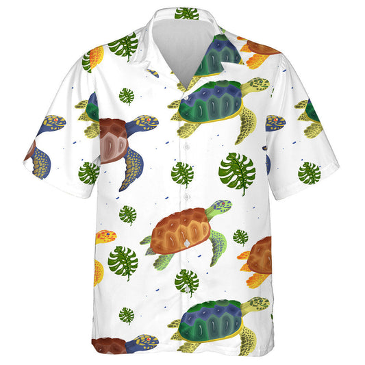 Turtles And Palm Trees Tropical Elements Hawaiian Shirt, Hawaiian For Gift