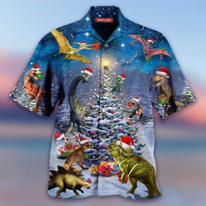 Amazing Dinosaur Reunion Under Christmas Tree Hawaiian Aloha Shirts Hawaiian Shorts Beach Short Sleeve, Christmas Gift