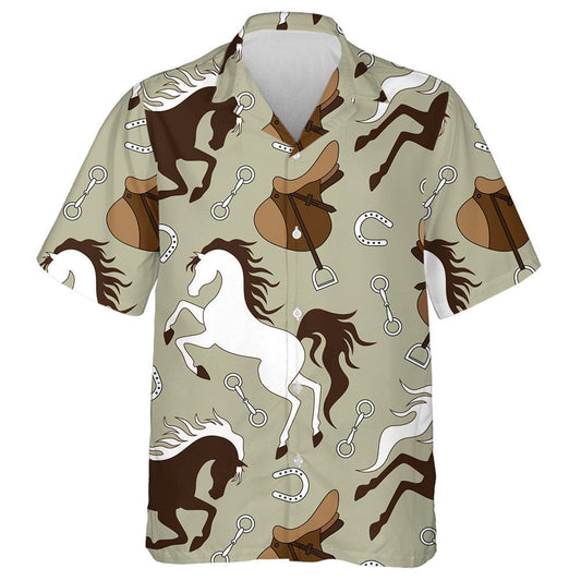 Brown And White Horse Saddle And Horseshoe Hawaiian Shirt, Hawaiian Shirt Gift, Christmas Gift