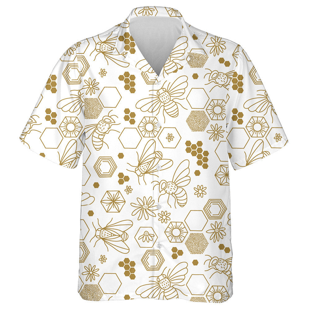Watercolor Bee Honeycomb Daisy Line Art Hawaiian Shirt, Hawaiian Shirt Gift, Christmas Gift