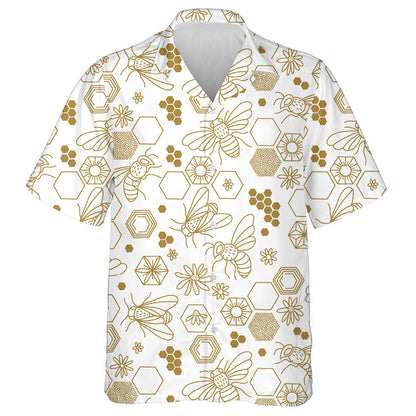 Watercolor Bee Honeycomb Daisy Line Art Hawaiian Shirt, Hawaiian Shirt Gift, Christmas Gift
