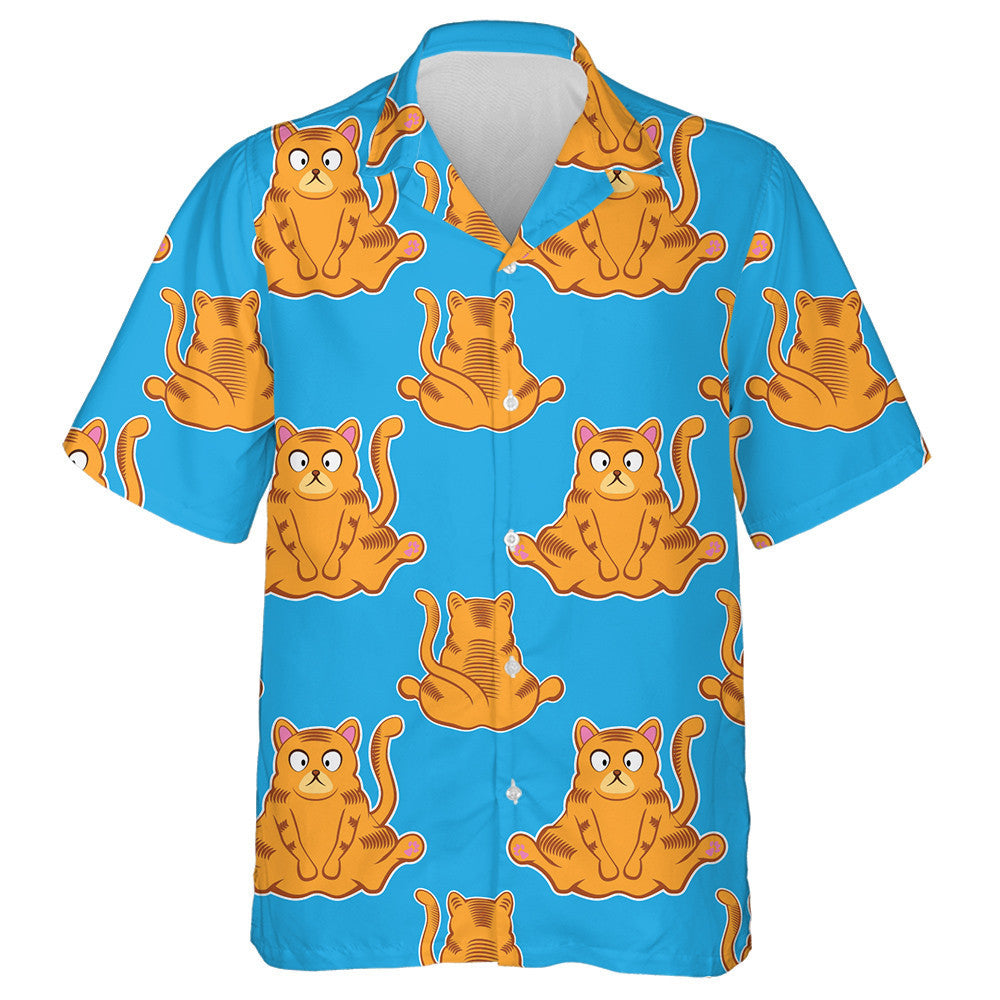 Fat Ginger Cat On Blue Background Hawaiian Shirt,Hawaiian Shirt Gift, Christmas Gift