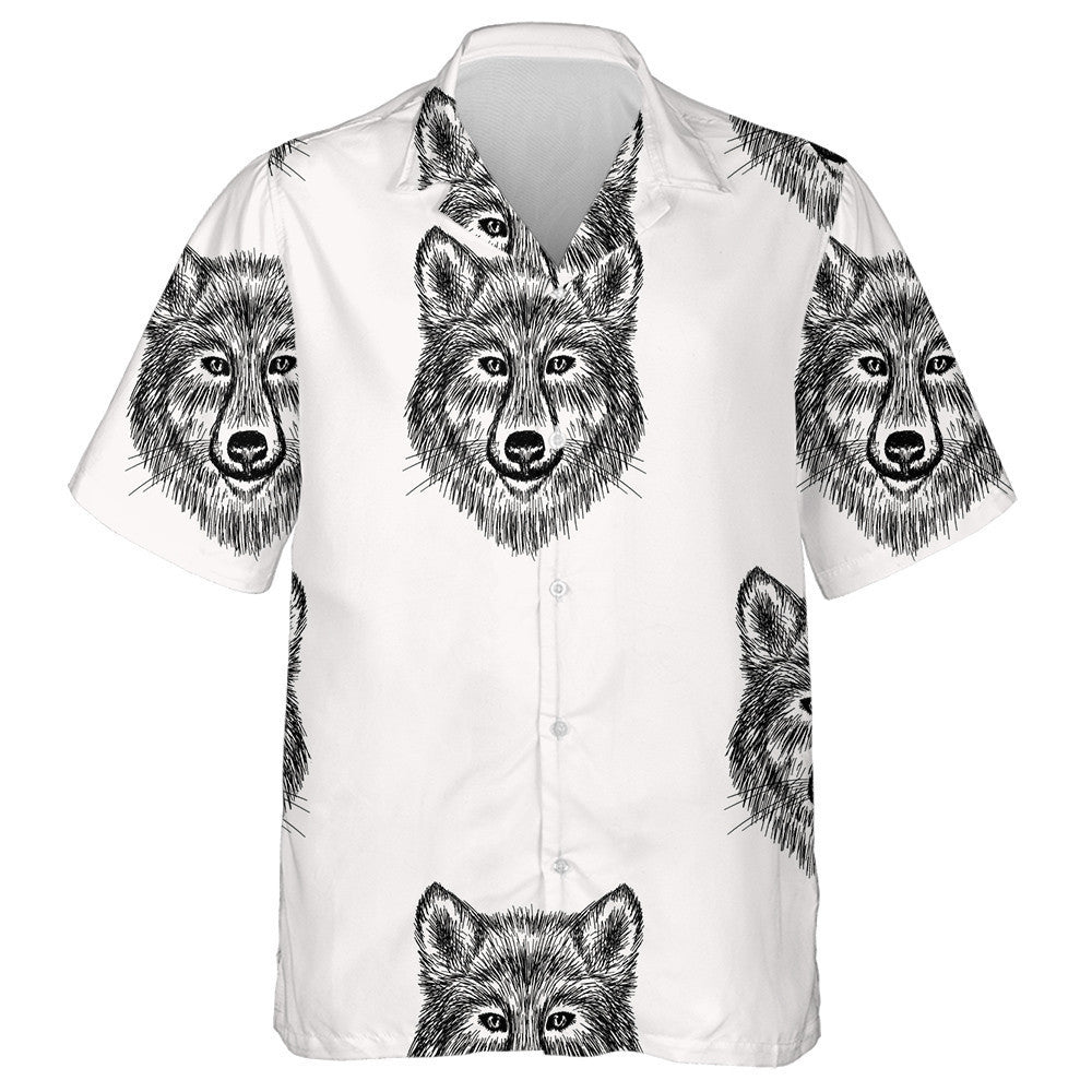 Sketch Realistic Face Wolf In Doodle Style Hawaiian Shirt, Hawaiian Shirt Gift, Christmas Gift