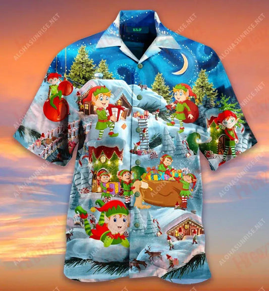 Elves Ar an gCrann Nollag Léine Gearr Haváís Laethanta Saoire Aloha Shirt Léinte Haváís is Fearr Léinte Greannmhar Haváís, Léine Haváís, Bronntanas Nollag