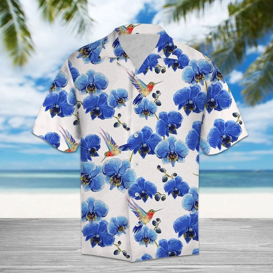 Hummingbird Sucking Blue Orchid In White Hawaiian Shirt, Hawaiian For Gift