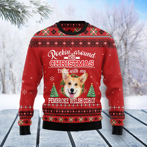 Pembroke Welsh Corgi Rockin' unisex womens & mens, couples matching, friends, funny family ugly christmas holiday sweater gifts, Christmas Ugly Sweater