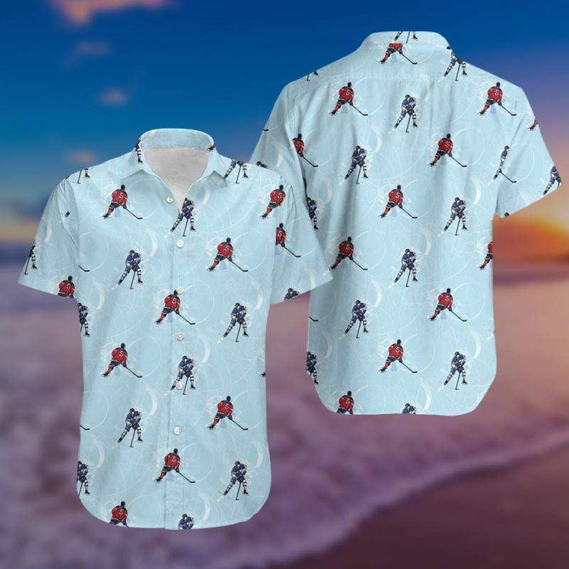 Hockey Player Tropical On Blue Hawaiian Shirt, Hawaiian For Gift