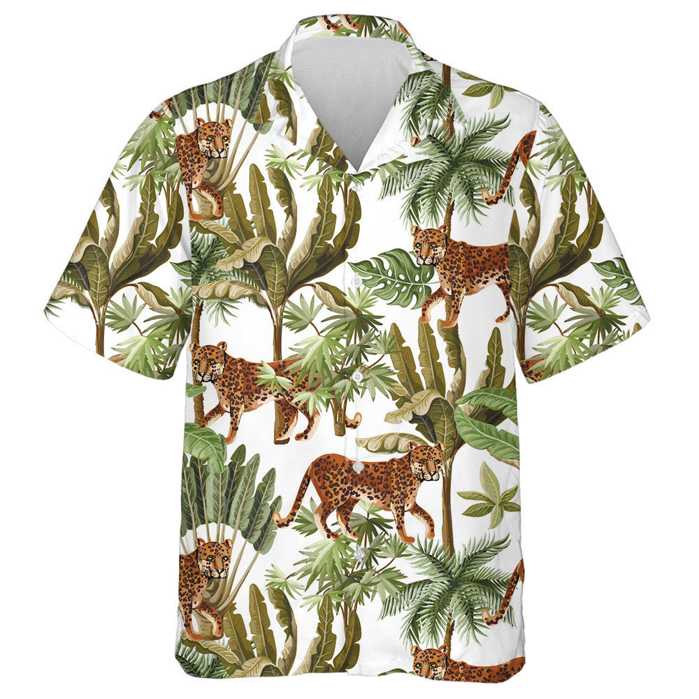 Crainn Choimhthíocha Agus Liopard Fiáin ar Chúlra Bán Léine Haváís, Bronntanas Léine Haváíais, Bronntanas Nollag