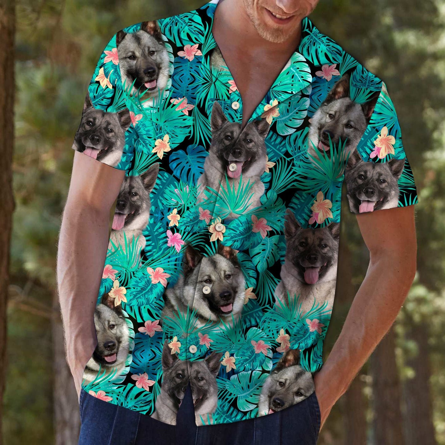 Norwegian Elkhound With Plumeria And Leaves Design Hawaiian Shirt,Hawaiian Shirt Gift, Christmas Gift