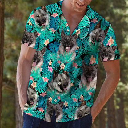 Norwegian Elkhound With Plumeria And Leaves Design Hawaiian Shirt,Hawaiian Shirt Gift, Christmas Gift