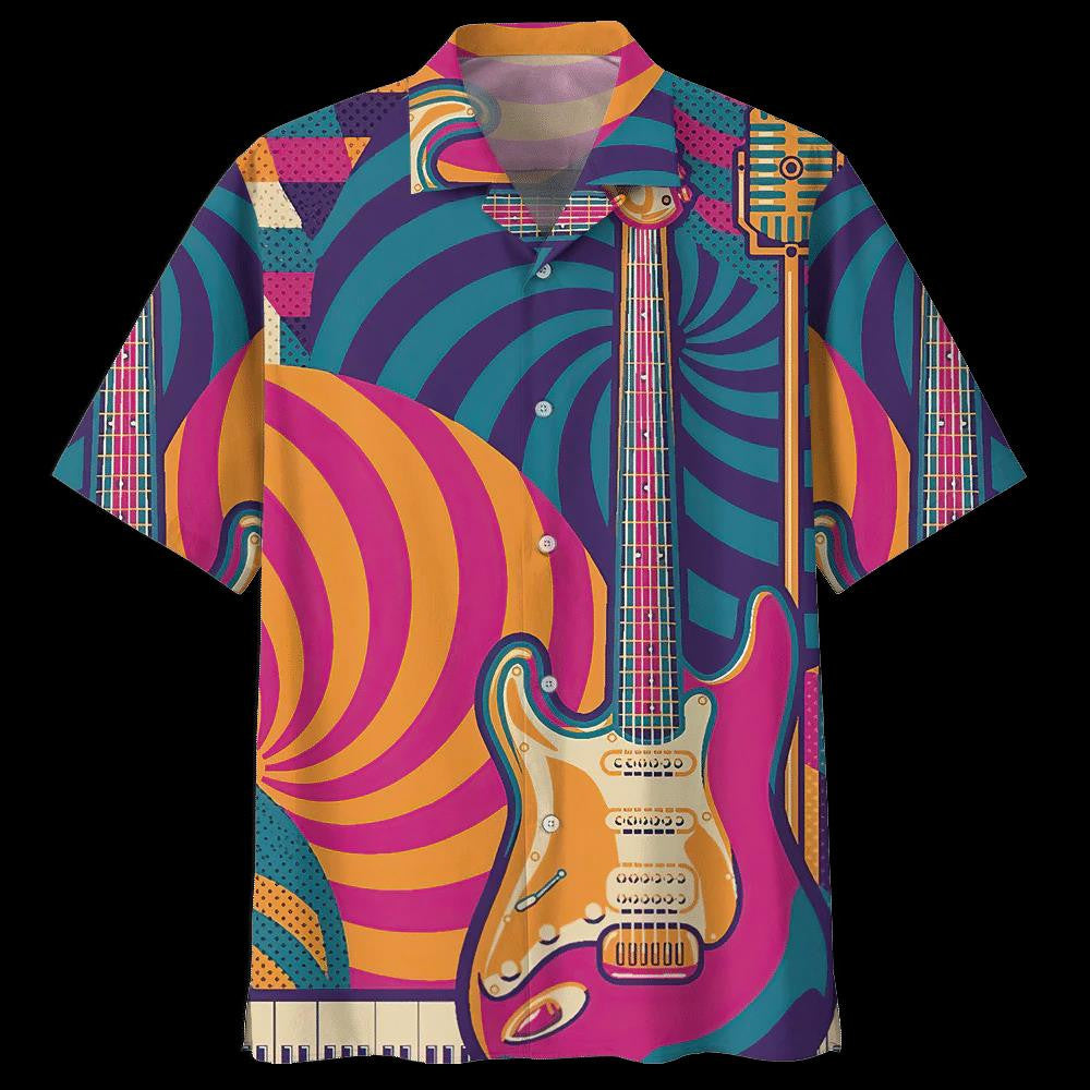 Colorful Electric Guitar On Abstract Background Hawaiian Shirt, Hawaiian For Gift