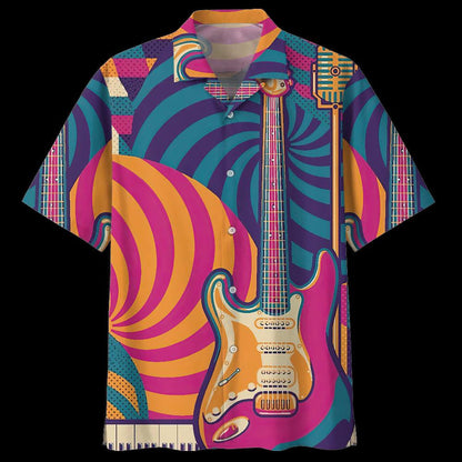Colorful Electric Guitar On Abstract Background Hawaiian Shirt, Hawaiian For Gift