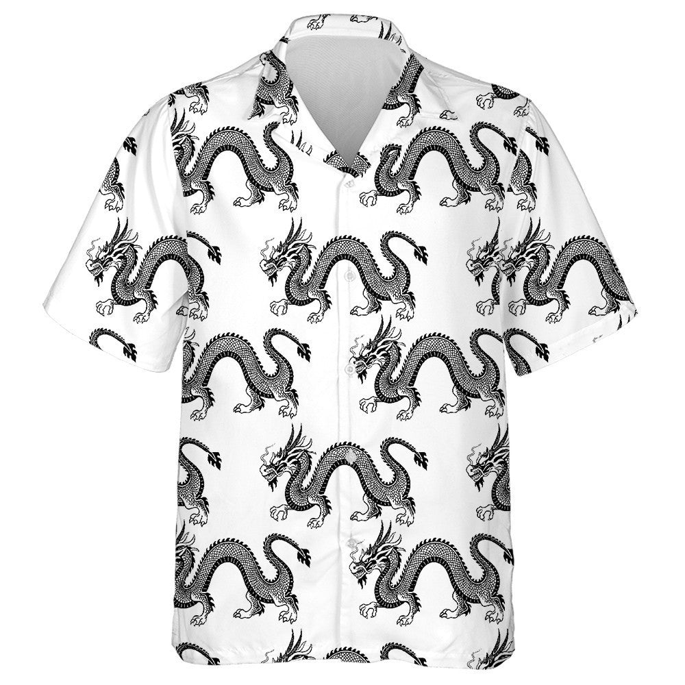 Dragon Dubh I gCiorcal Leithlisiú Ar Chúlra Bán Léine Haváíais, Bronntanas Léine Haváíais, Bronntanas Nollag