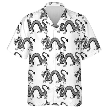 Dragon Dubh I gCiorcal Leithlisiú Ar Chúlra Bán Léine Haváíais, Bronntanas Léine Haváíais, Bronntanas Nollag