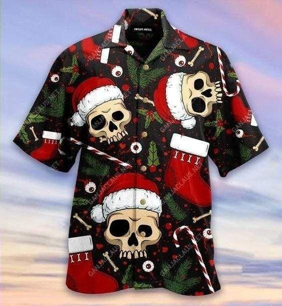 Creepy Skull In Santa Hat Christmas Themed Vintage Style Design Hawaiian Shirt, Hawaiian Shirt Gift, Christmas Gift