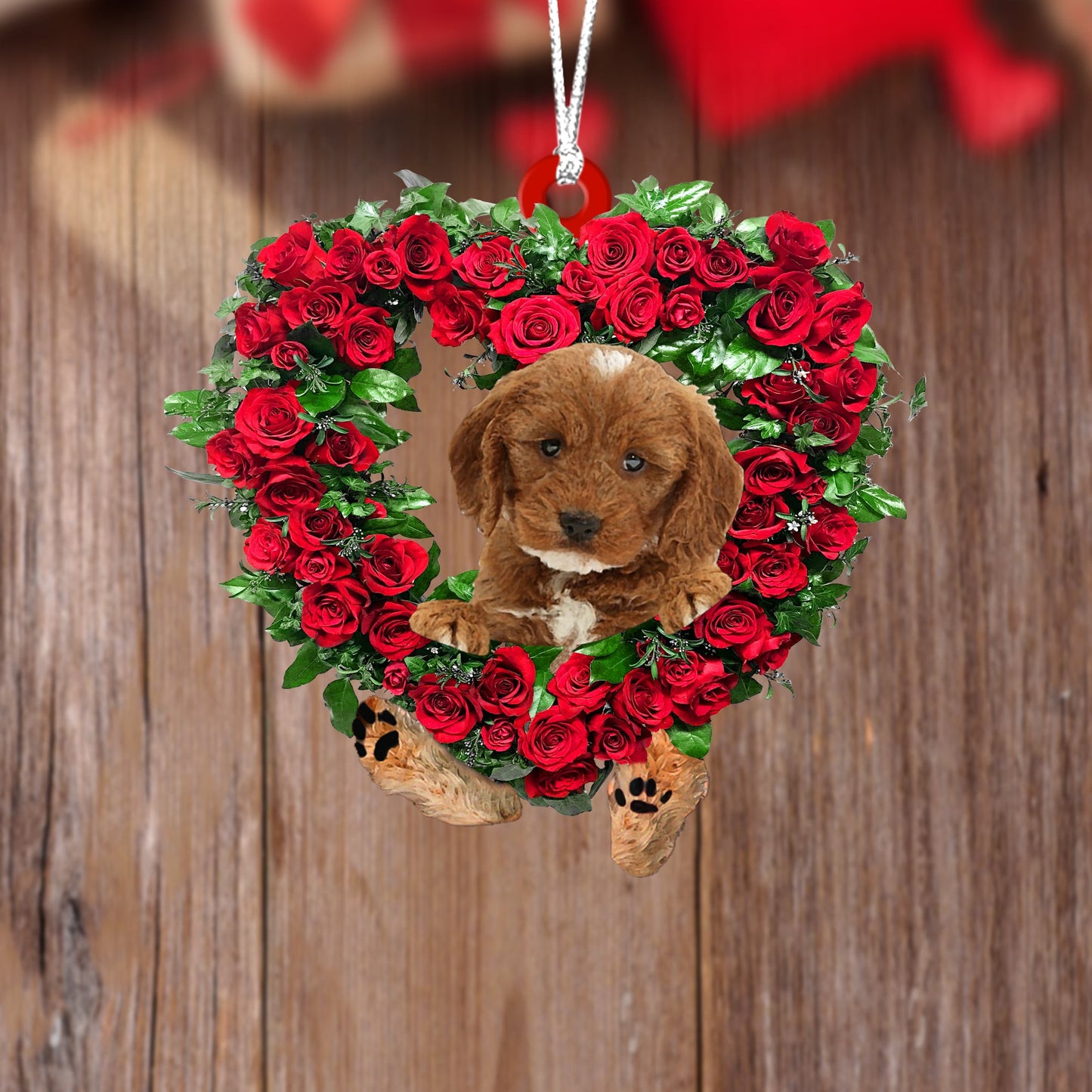 Wreath Cockapoo-Heart Dhá thaobh Ornáid Crochta Plaisteach Nollag, Bronntanas Nollag, Maisiú Nollag