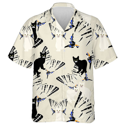 Black And White Cat With Striped Butterflies Hawaiian Shirt, Hawaiian Shirt Gift, Christmas Gift