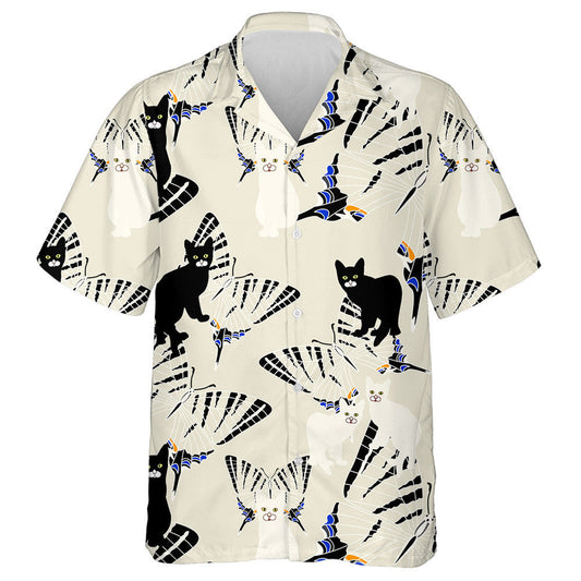 Black And White Cat With Striped Butterflies Hawaiian Shirt, Hawaiian Shirt Gift, Christmas Gift