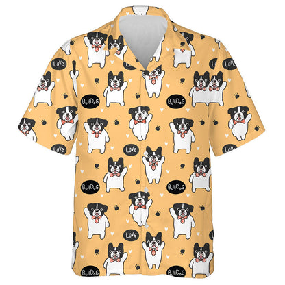 Cartoon Bulldog Yellow With Hearts And Paws Hawaiian Shirt, Hawaiian Shirt Gift, Christmas Gift