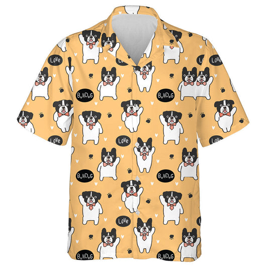 Cartoon Bulldog Yellow With Hearts And Paws Hawaiian Shirt, Hawaiian Shirt Gift, Christmas Gift