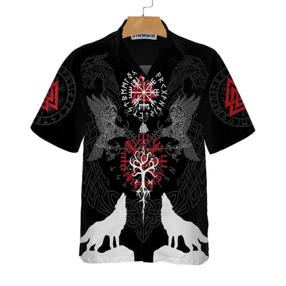 Viking Raven And Wolf White Silhouette Hawaiian Shirt, Hwaiian For Gift
