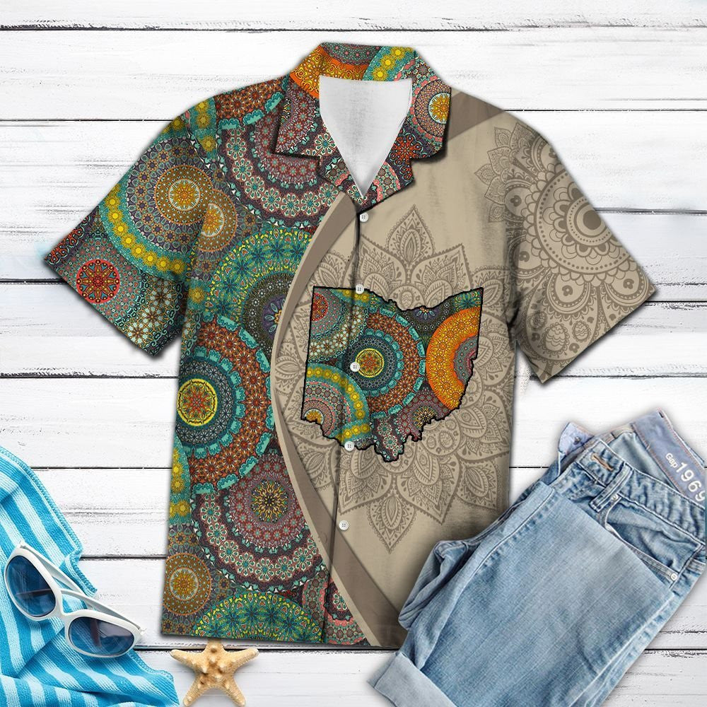 Ohio Map With Mandala Flowers Hawaiian Shirt,Hawaiian Shirt Gift, Christmas Gift