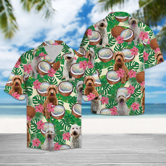 Goldendoodle Tropical Coconut Aloha Palm Leaves Pattern Hawaiian Shirt, Hawaiian Shirt Gift, Christmas Gift