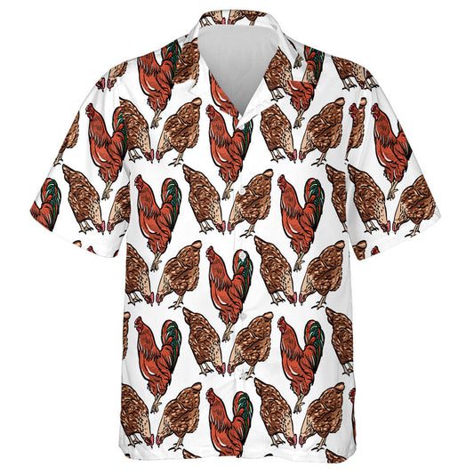 Rooster With Chickens On White Background Hawaiian Shirt,Hawaiian Shirt Gift, Christmas Gift