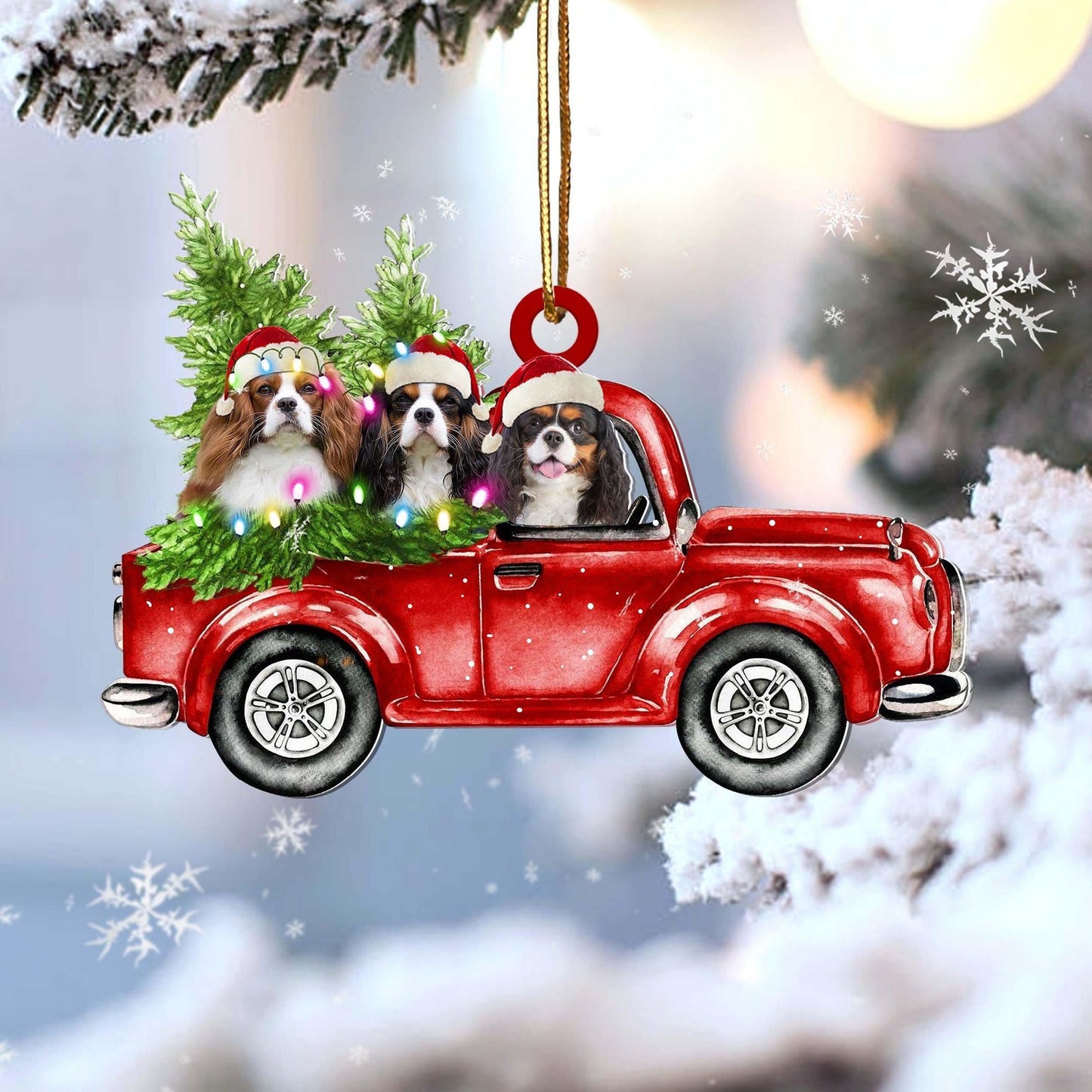 Cavalier King Charles Spaniel Red Car Christmas Ornament, Happy Christmas Ornament, Christmas Gift, Christmas Decoration