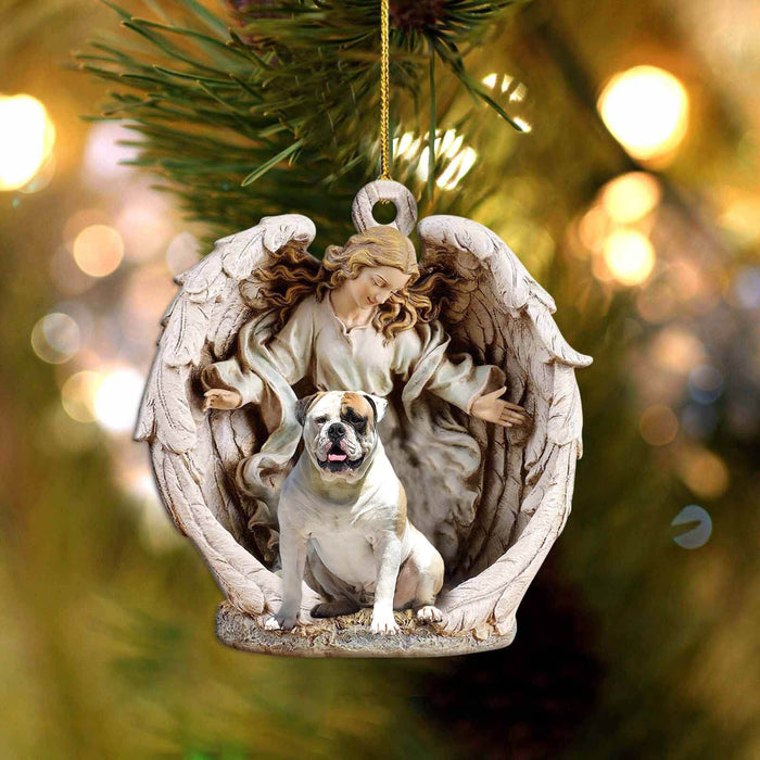 American Bulldog-Angel Hug Winter Love Two Sided Christmas Plastic Hanging Ornament, Christmas Gift, Christmas Decoration