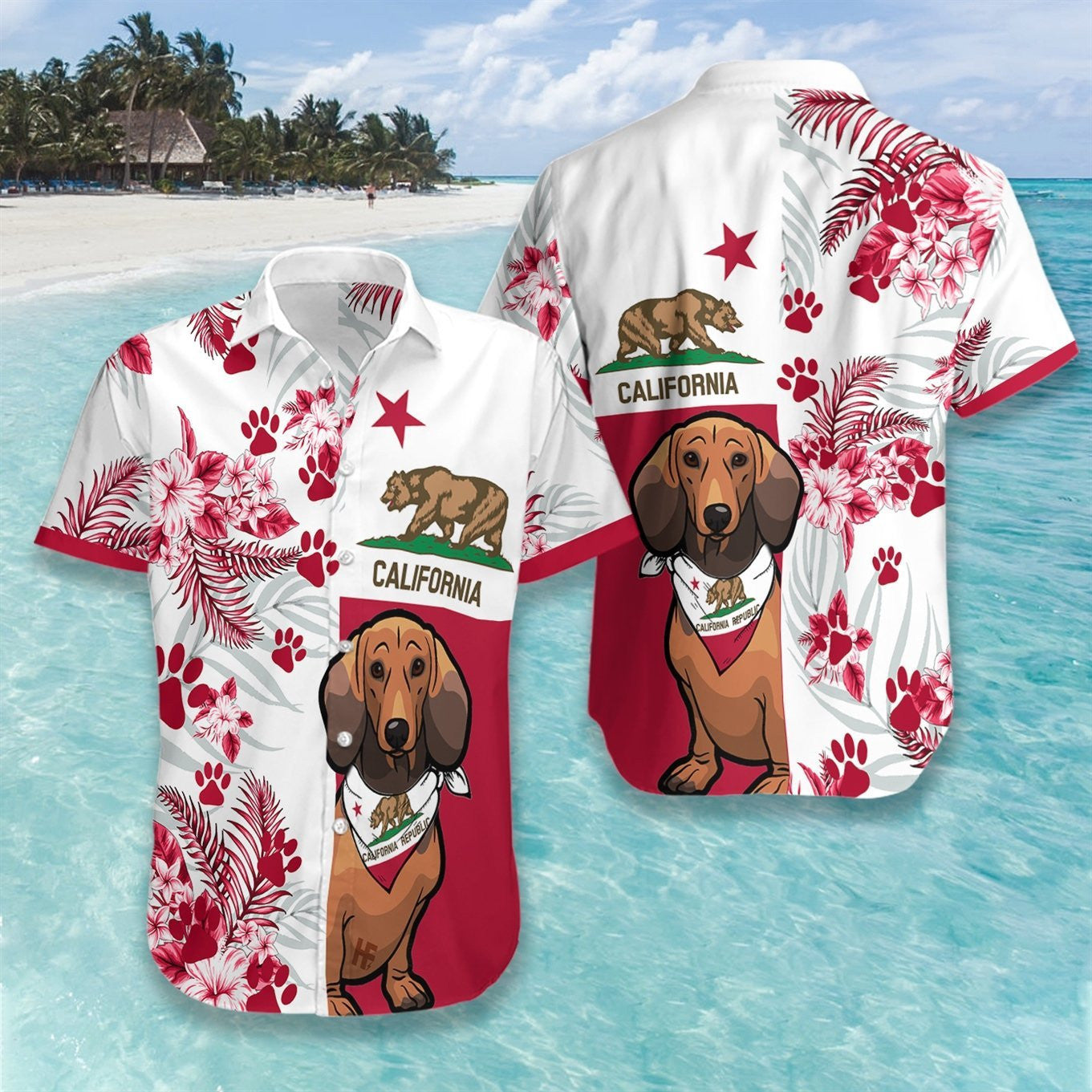 Dachshund California Flag With White Skin Pattern Hawaiian Shirt, Hawaiian Shirt Gift, Christmas Gift
