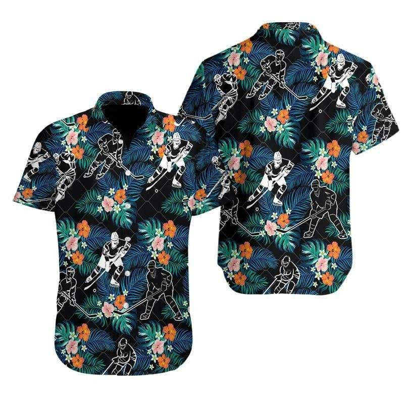 Hockey Player And Black Tropical Hibiscus Hawaiian Shirt, Hawaiian For Gift