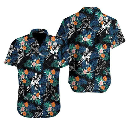 Hockey Player And Black Tropical Hibiscus Hawaiian Shirt, Hawaiian For Gift