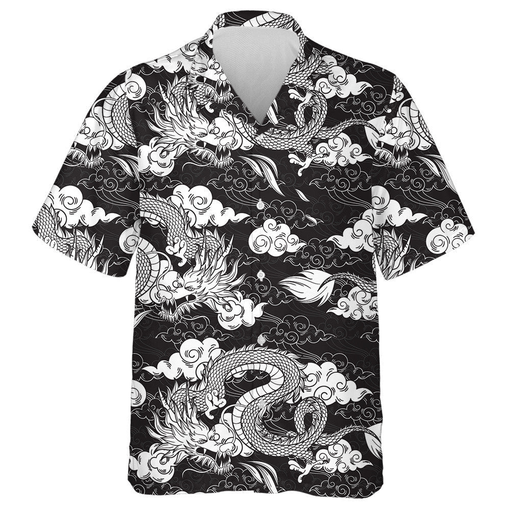 Vintage Chinese Dragon And Clouds Black White Hawaiian Shirt, Hawaiian Shirt Gift, Christmas Gift