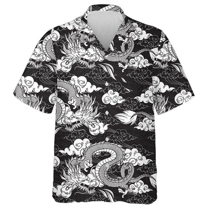 Vintage Chinese Dragon And Clouds Black White Hawaiian Shirt, Hawaiian Shirt Gift, Christmas Gift