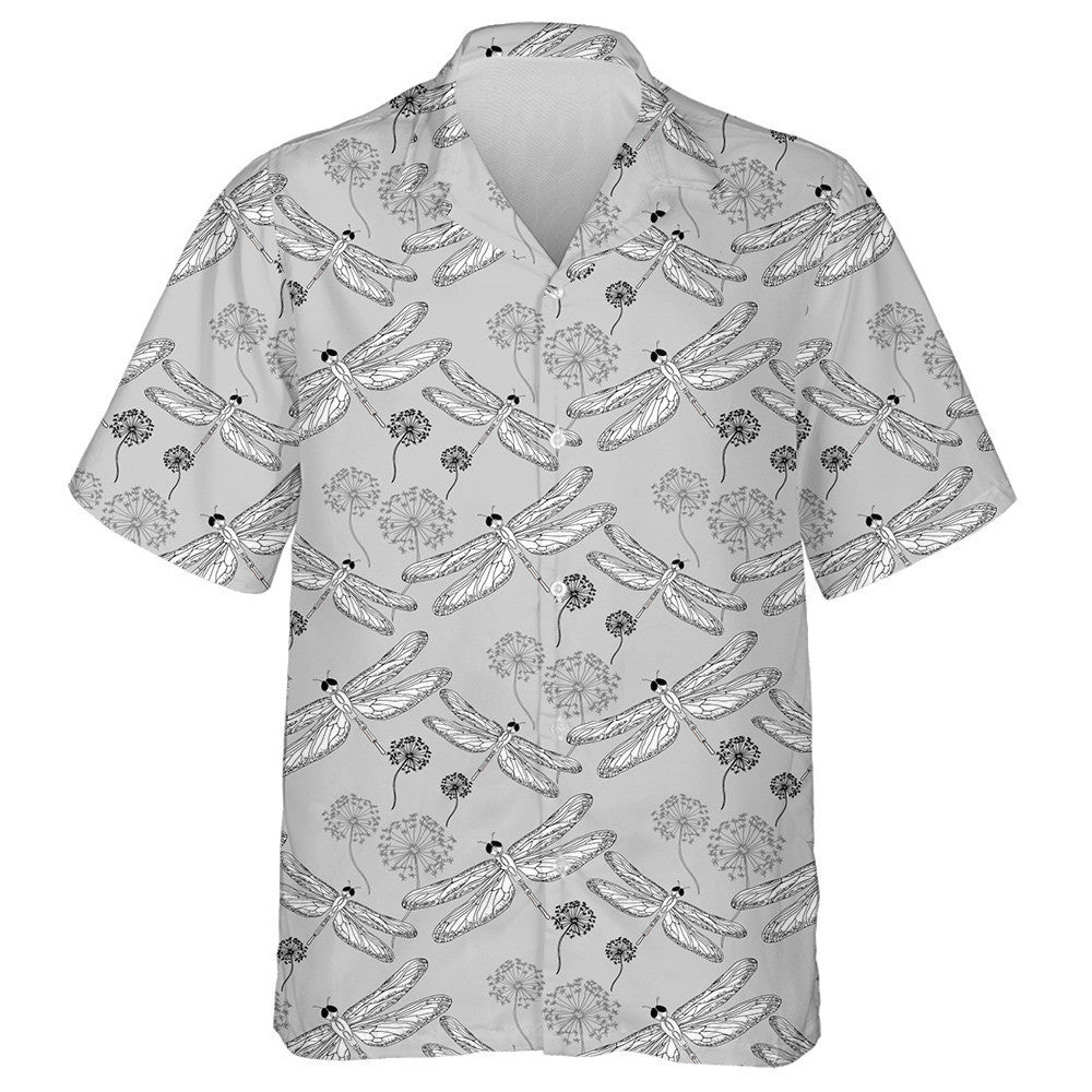Bright Flying Dragonfly And Dandelion On Grey Hawaiian Shirt, Hawaiian Shirt Gift, Christmas Gift