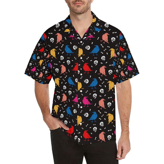 Colorful Crow Pattern Men's All Over Print Hawaiian Aloha Shirt, Hwaiian For Gift