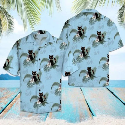 Black Cat Tropical Hawaiian Aloha Shirt Unisex Shorts Sleeve Colorful Hawaiian Shorts Beach Short Sleeve,Hawaiian Shirt Gift, Christmas Gift