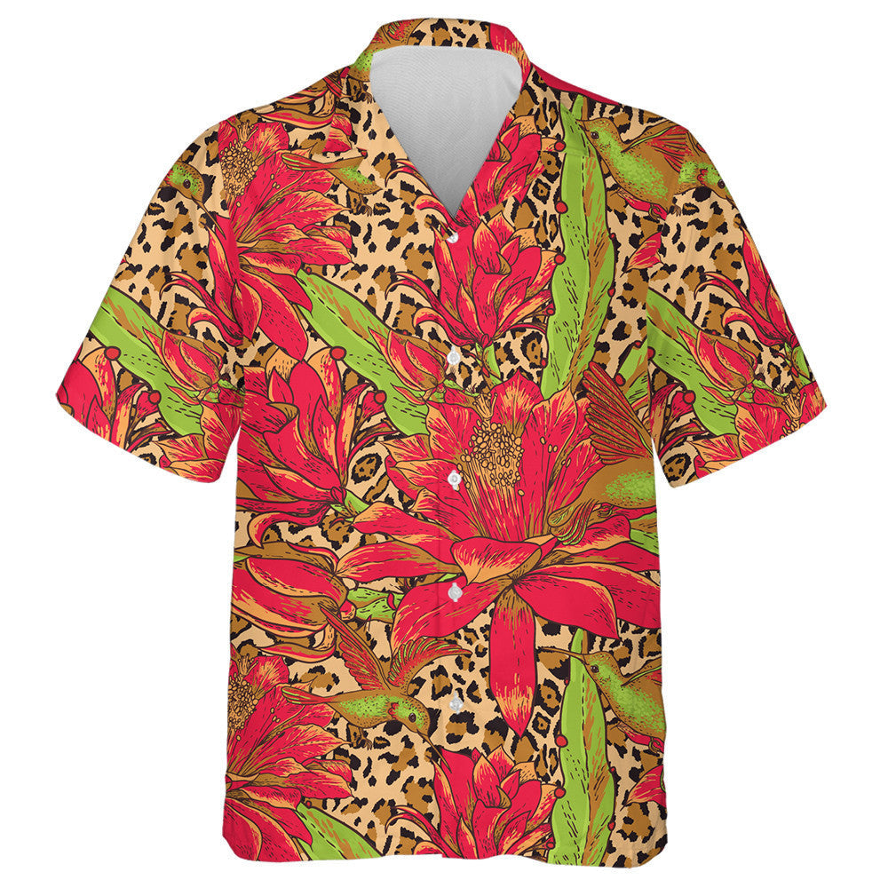Red Flowers And Hummingbirds On Leopard Background Hawaiian Shirt, Hawaiian Shirt Gift, Christmas Gift
