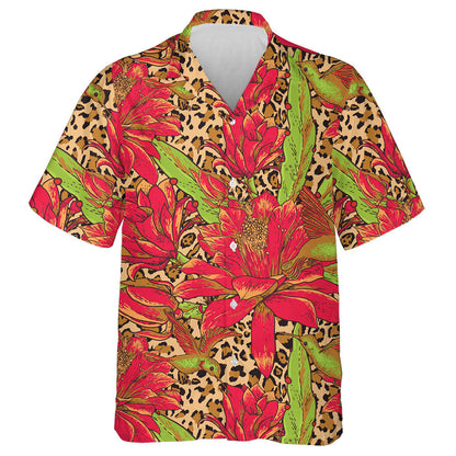 Red Flowers And Hummingbirds On Leopard Background Hawaiian Shirt, Hawaiian Shirt Gift, Christmas Gift