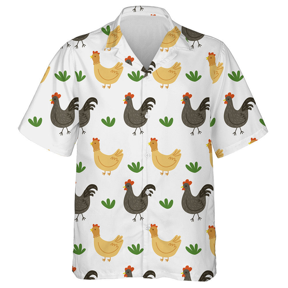 Chicken And Rooster With Grass On Gray Background Hawaiian Shirt, Hawaiian Shirt Gift, Christmas Gift