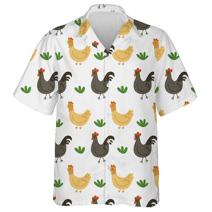 Chicken And Rooster With Grass On Gray Background Hawaiian Shirt, Hawaiian Shirt Gift, Christmas Gift
