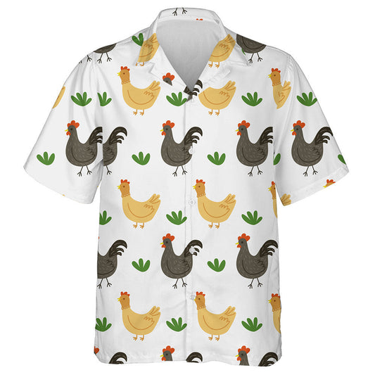 Chicken And Rooster With Grass On Gray Background Hawaiian Shirt, Hawaiian Shirt Gift, Christmas Gift