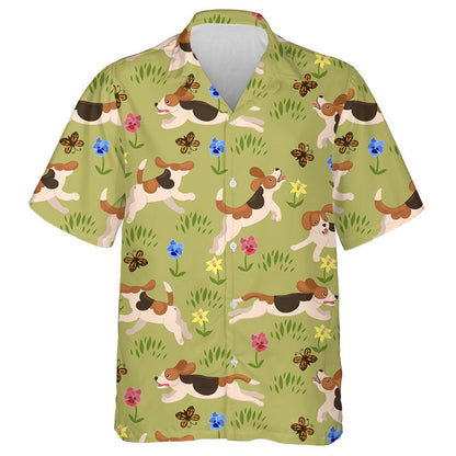 Funny Beagle Dog Run On Flower Meadow Hawaiian Shirt, Hawaiian Shirt Gift, Christmas Gift