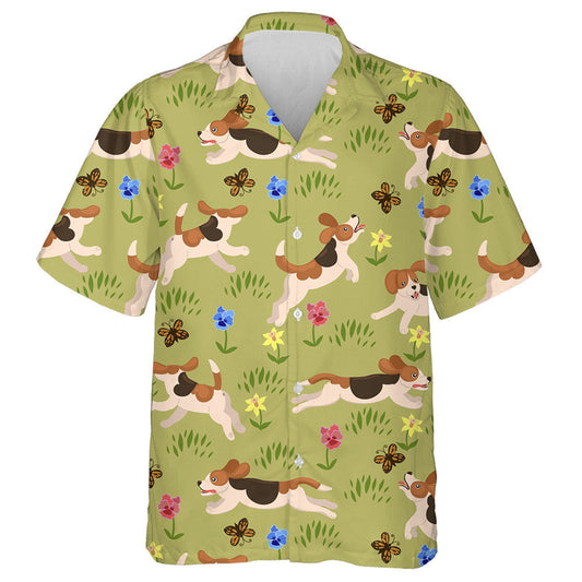 Funny Beagle Dog Run On Flower Meadow Hawaiian Shirt, Hawaiian Shirt Gift, Christmas Gift