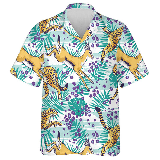 Purple Leopard Cheetah And Palm Leaves Tropical Hawaiian Shirt, Hawaiian Shirt Gift, Christmas Gift