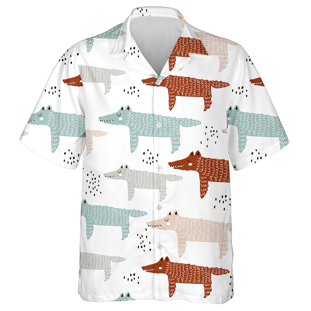 Hand Drawn Wolf Trendy On White Hawaiian Shirt, Hawaiian For Gift