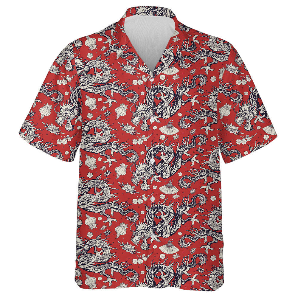 Chinese Dragons Red Lantern And Lotus Flowers Hawaiian Shirt, Hawaiian Shirt Gift, Christmas Gift