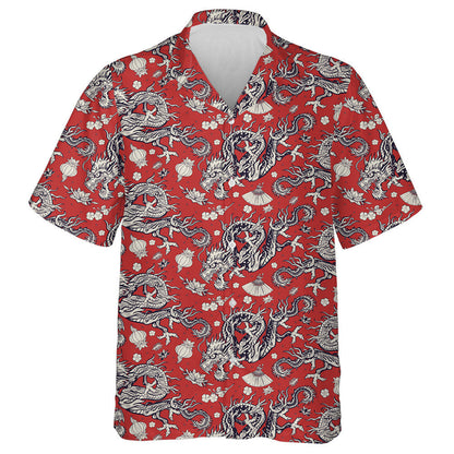 Chinese Dragons Red Lantern And Lotus Flowers Hawaiian Shirt, Hawaiian Shirt Gift, Christmas Gift