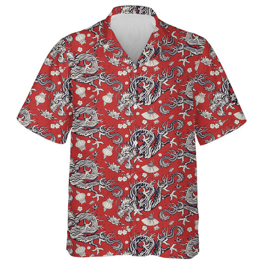 Chinese Dragons Red Lantern And Lotus Flowers Hawaiian Shirt, Hawaiian Shirt Gift, Christmas Gift